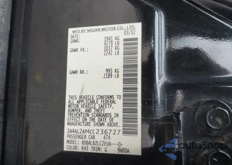 2012 Nissan Altima 2.5 S from USA, damaged, VIN 1N4AL2AP4CC236727